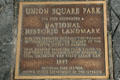 Union Square plaque commemorates the first Labor Day on September 5, 1882. New York, NY.