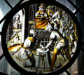 Martyrdom of St Jacobus Intercisus stained glass window from Leiden at The Cloisters. New York, NY.
