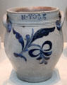 Stoneware jar painted with cobalt blue by Thomas Commeraw or David Morgan of New York City at Metropolitan Museum of Art. New York, NY.