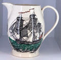 Earthenware pitcher from Staffordshire, England with design of American sailing ship at Brooklyn Museum. Brooklyn, NY.