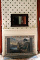 Downstairs bedroom fireplace with "Vue d'Ecosse" wallpaper-covered fireboard at Lindenwald. Kinderhook, NY.