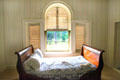 Sleigh bed in upstairs bedroom with Palladian window over front door at Lindenwald. Kinderhook, NY.