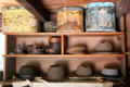 Hat boxes & hats in Ritch Hat Shop at Old Bethpage Village. Old Bethpage, NY.