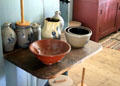 Stoneware & ceramic vessels in kitchen of Williams House at Old Bethpage Village. Old Bethpage, NY.