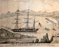 "View of the Barque Oscar of Sag Harbour" aboard which crew mutinied in 1845 while at anchor off the coast of Brazil graphic by Samuel D. Allyn at Sag Harbor Whaling Museum. Sag Harbor, NY.