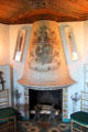 Fireplace with coat of arms in dining room at Vanderbilt Mansion. Centerport, NY.