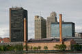 Skyline of Toledo with Fiberglass Tower, Toledo Trust, National City Bank, Toledo Edison, & power plant buildings. Toledo, OH