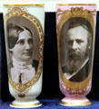 Milk glass vases with portraits of First Lady Lucy Webb Hayes & Rutherford B. Hayes at Hayes Presidential Center. Fremont, OH.