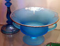 Blue glass bowl with silver overlay at Tiffin Glass Museum. Tiffin, OH.