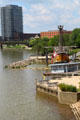Scioto River with ship Santa Maria & Condominiums at North Bank Park. Columbus, OH.