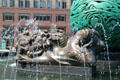 Sculpted figures around sphere of life on War Memorial Fountain. Cleveland, OH.