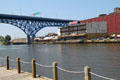 Cleveland Memorial Shoreway bridge over Cuyahoga River & buildings of Cleveland Warehouse District. Cleveland, OH.