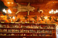 Collection of commemorative bottles & taxidermy specimens in a restaurant in Crescent. Crescent, OR.