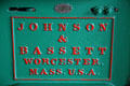 Roving thread spinning machine maker's plate of Johnson & Bassett, Worcester, Mass at Thomas Kay Woolen Mill. Salem, OR.