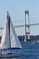 Sailboat & Claiborne Pell Newport Bridge on Narragansett Bay. Newport, RI