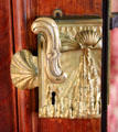 Library door handle & lock with scallop shell & stalactites at Marble House. Newport, RI.
