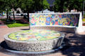Mosaic fountain & benches of hand-painted ceramic tiles by Malou Flato in Market Square Park. Houston, TX.
