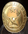 Brass uniform plate reading Liberty, Independence, Texas at San Jacinto Monument museum. San Jacinto, TX.