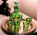 Green cut decanter with glasses on silver tray at Nichols-Rice-Cherry House at Sam Houston Park. Houston, TX.