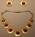 Gold & crystal necklace & earrings from Tairona region of Colombia at San Antonio Museum of Art. San Antonio, TX.