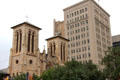 San Fernando Cathedral & Municipal Plaza building over Plaza de Armas. San Antonio, TX.