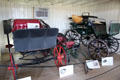 Brewster Phaeton, child's pony cart & four-seat Runabout in Wagon Shop at Pioneer Farms. Austin, TX.