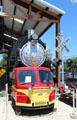 Rail car & steam locomotive at New Braunfels Railroad Museum. New Braunfels, TX.