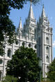 Round windows & towers of Mormon Temple. Salt Lake City, UT.