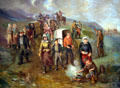 Painting of Handcart Pioneers by Danquart Anton Weggeland showed poor migrating to Salt Lake at Mormon Museum. Salt Lake City, UT.