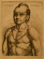 Etching of Native American man by Wenceslaus Hollar of Antwerp modeled on Munsee Delaware taken from New Amsterdam at Museum of Virginia History. Richmond, VA.