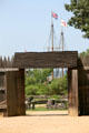 Gate leading from Fort James to James River & ships at Jamestown Settlement. Jamestown, VA.