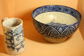 Tin-glazed earthenware painted with cobalt blue cup & bowl at Shelburne Museum. Shelburne, VT.
