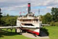 Ticonderoga side paddlewheel passenger steamboat by Shelburne Shipyard on Lake Champlain at Shelburne Museum. Shelburne, VT.