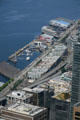 Seattle waterfront seen from Columbia Center Sky View. Seattle, WA
