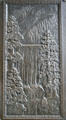 Panel of forest & waterfall on bronze doors of Washington State Capitol. Olympia, WA.