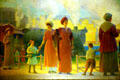 1920s women stroll past steam locomotive in mural in GAR Memorial Hearing Room of Wisconsin State Capitol. Madison, WI.