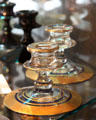 Crystal candlesticks with blue enamel & gold bands at Fostoria Glass Museum. Moundsville, WV.