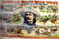 Poster of American Cowboy over scenes of Buffalo Bill's Wild West show at Buffalo Bill Center of the West. Cody, WY.