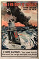 "Freedom of the Seas from the Hun Point of View" British propaganda poster mocks Germany for U-boats violating international law thereby urging Americans to join war at Merseyside Maritime Museum. Liverpool, England.