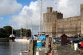 Polygonal tower topped by Welsh flag at Caernarfon Castle. Caernarfon, Wales.