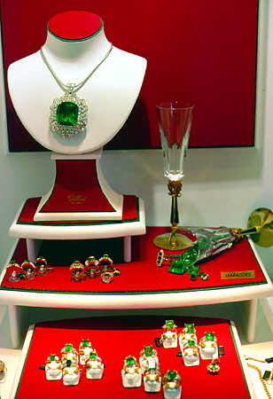 Emeralds on in a shop window in La Vella. Andorra.
