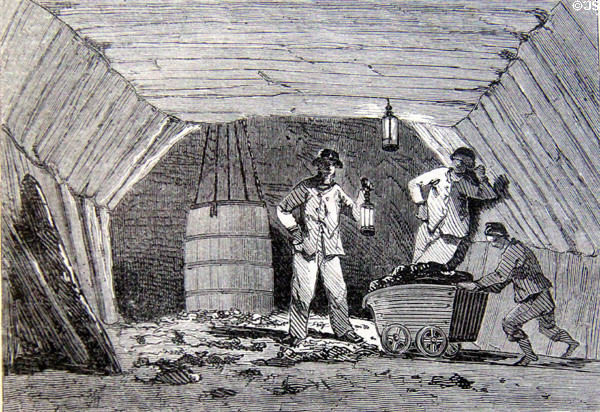Drawing of coal miners & a child laboring underground, representing condition of mine workers in Borinage area, at Van Gogh House in Cuesmes. Mons, Belgium.