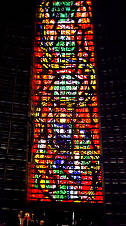 One of the four multi-storied stained glass window of the cathedral in Rio de Janeiro. Brazil.