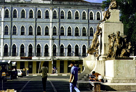 Statue at tiled Mercado Modelo in Salvador. Brazil.