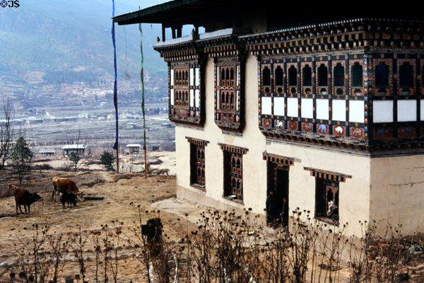 An elaborately decorated house in Paro. Bhutan.