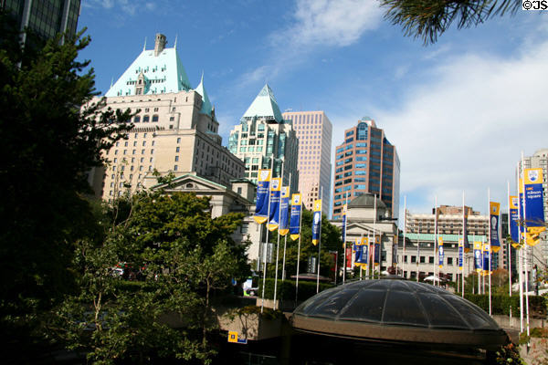 Skyline with Hotel Vancouver, Cathedral Place, Park Place, HSBC buildings over Art Museum. Vancouver, BC.