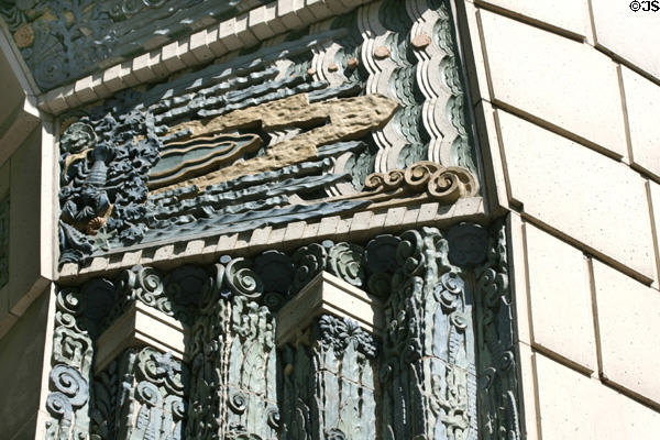 Colored terra cotta decoration over main door of Marine Building. Vancouver, BC.