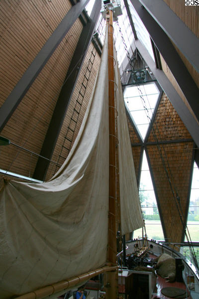 Mast & sail of RCMP St. Roch at Vancouver Maritime Museum. Vancouver, BC.
