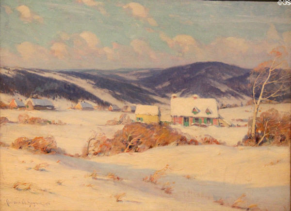 In the Laurentians, Winter painting (1910) by Clarence Gagnon of Montreal at National Gallery of Canada. Ottawa, ON.