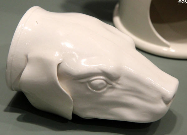 Earthenware hounds head stirrup cup (1780-90) from Staffordshire or Yorkshire, England at Gardiner Museum. Toronto, ON.